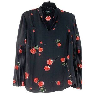 Lauren Ralph Lauren Black Blouse with Red Floral Print very Feminine and Pretty